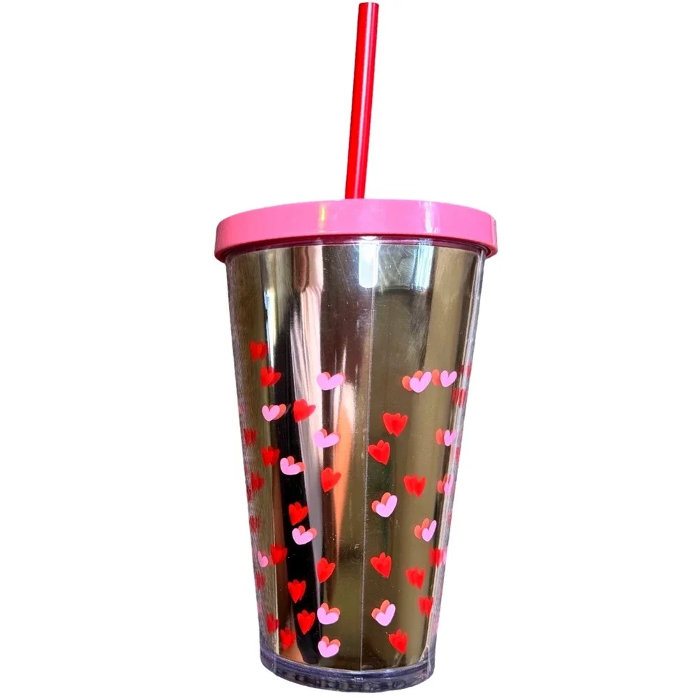 Starbucks Valentine Gold Metallic Heart Cold Cup Tumbler 16oz Pink Lid Red Straw